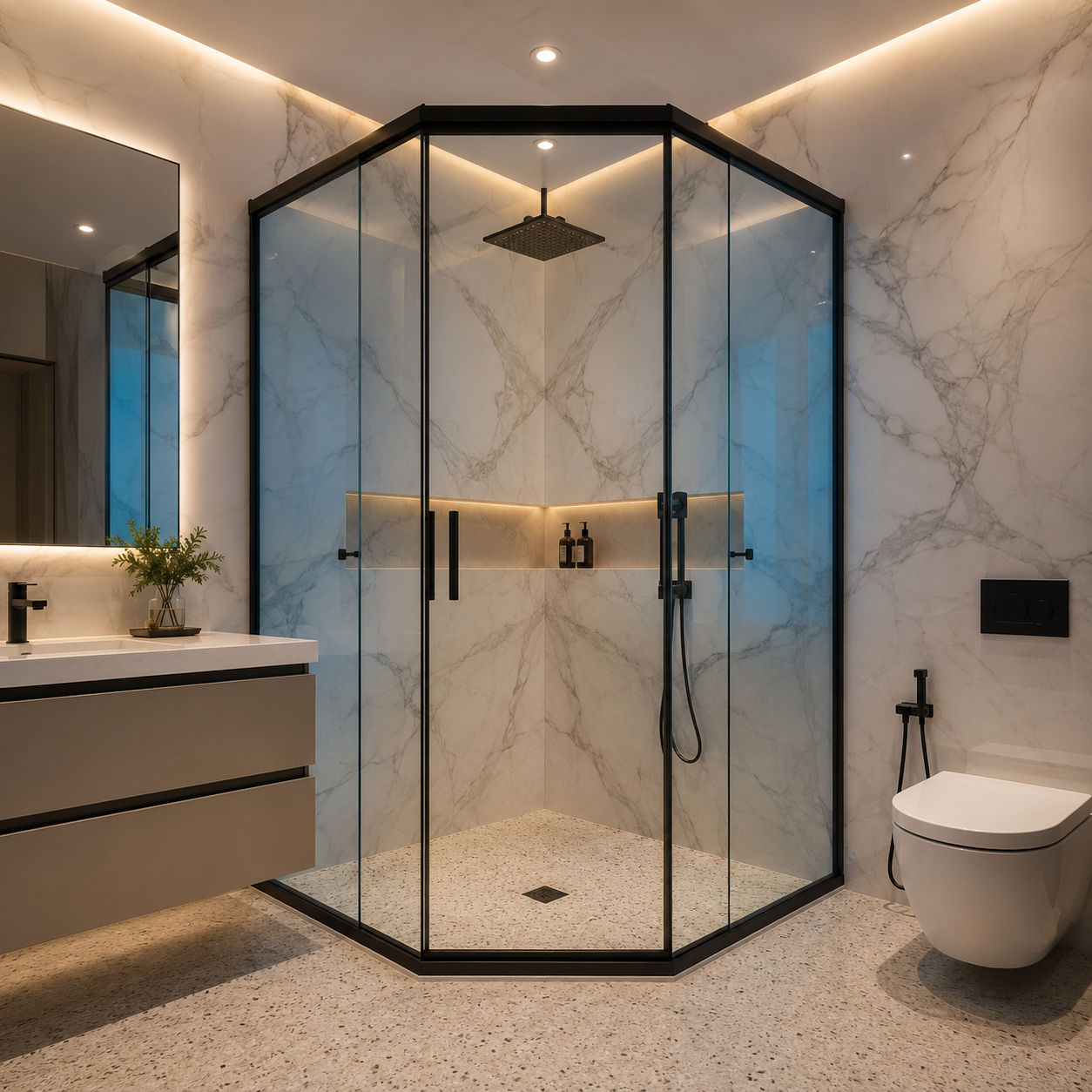 Banheiro residencial com box sob medida — projeto em destaque da Aizen Vidros