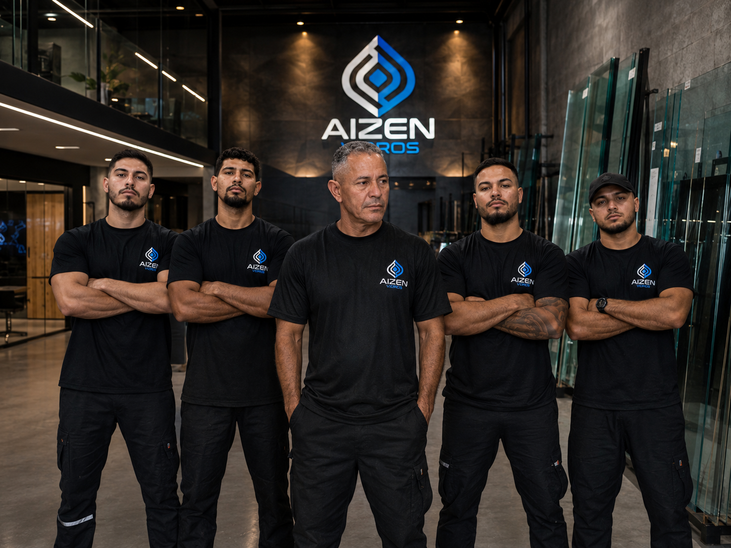 Equipe da Aizen Vidros na loja, com painéis de vidro ao fundo